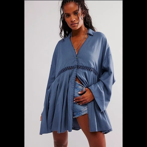 Free People Hazy Baby Mini Dress Linien Blend Heavy Crochet Bohemian Oversized - Picture 1 of 6